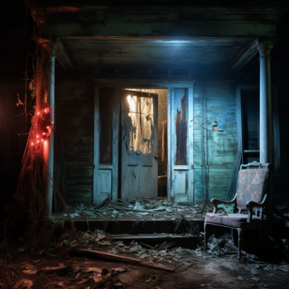 AI-generated image of a dark and abandoned house, covered in debris and squalor.