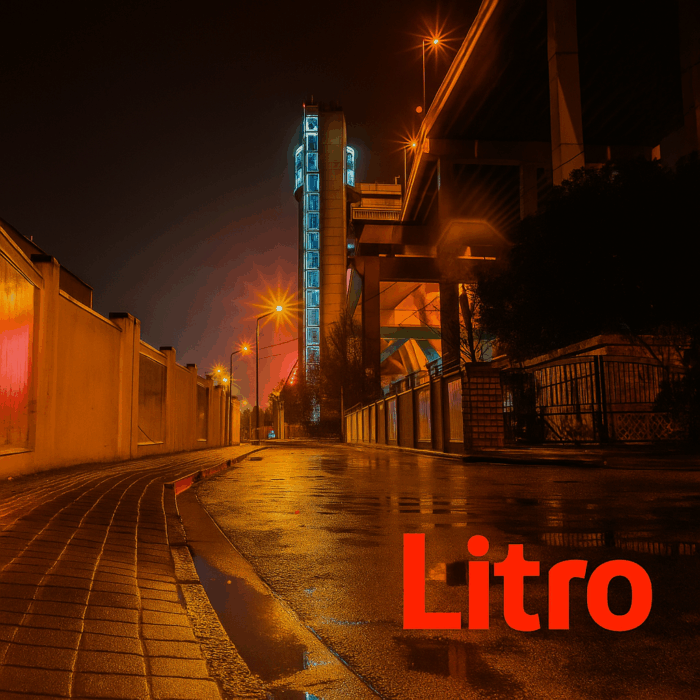 Industrial street at dusk with bilingual signs in humid air