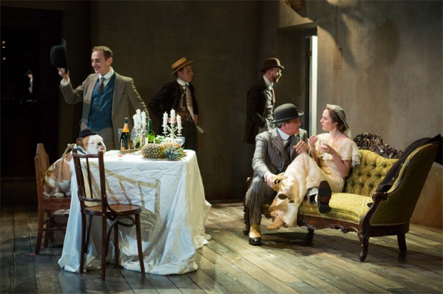 (L-R) Romeo, John Kelly, Timothy Doyle, John Watkins, Michael Park and Laura Osnes in Atlantic Theater Company's revival of Bertolt Brecht and Kurt Weill's musical The Threepenny Opera, directed and choreographed by Martha Clark. Photo ©  Kevin Thomas Garcia.