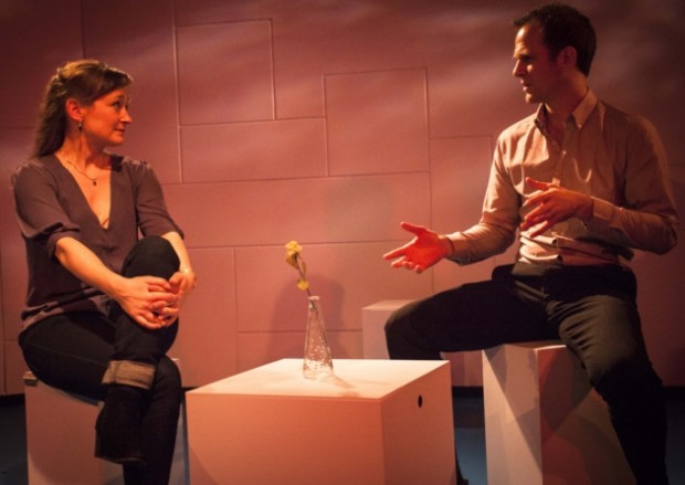 Jenny Ogilvie as Victoria and Edward Wolstenholme as Gareth in Unidentified Item in the Bagging Area at the Old Red Lion. Photo courtesy of Matt Howey Nunn.