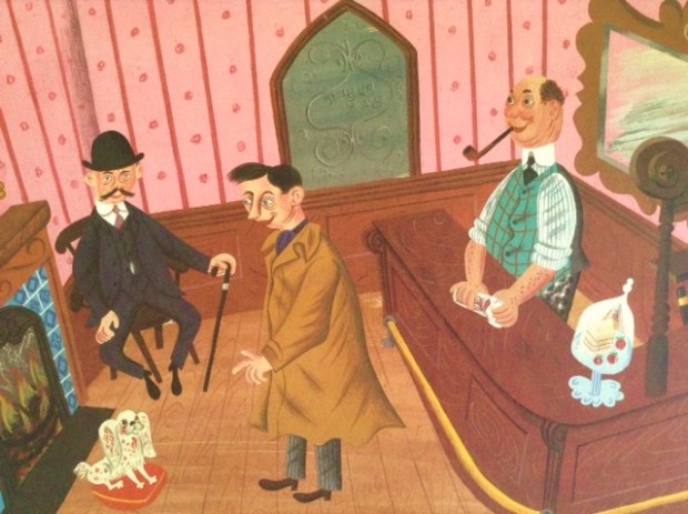 A cosy pub scene. An illustration for Royal Flush, unpublished children’s book, gouache, c.1946. Image (c) Estate of Derrick Harris.