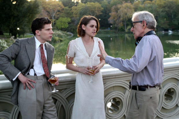 Woody Allen directs Jesse Eisenberg and Kristen Stewart on the set of Café Society.