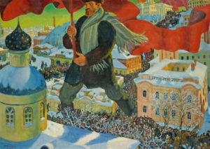 Boris Mikhailovich Kustodiev's Bolshevik, 1920, one of the works on display as part of the Royal Academy's Revolution exhibition. Oil on canvas. 101 x 140.5 cm. State Tretyakov Gallery Photo © State Tretyakov Gallery.