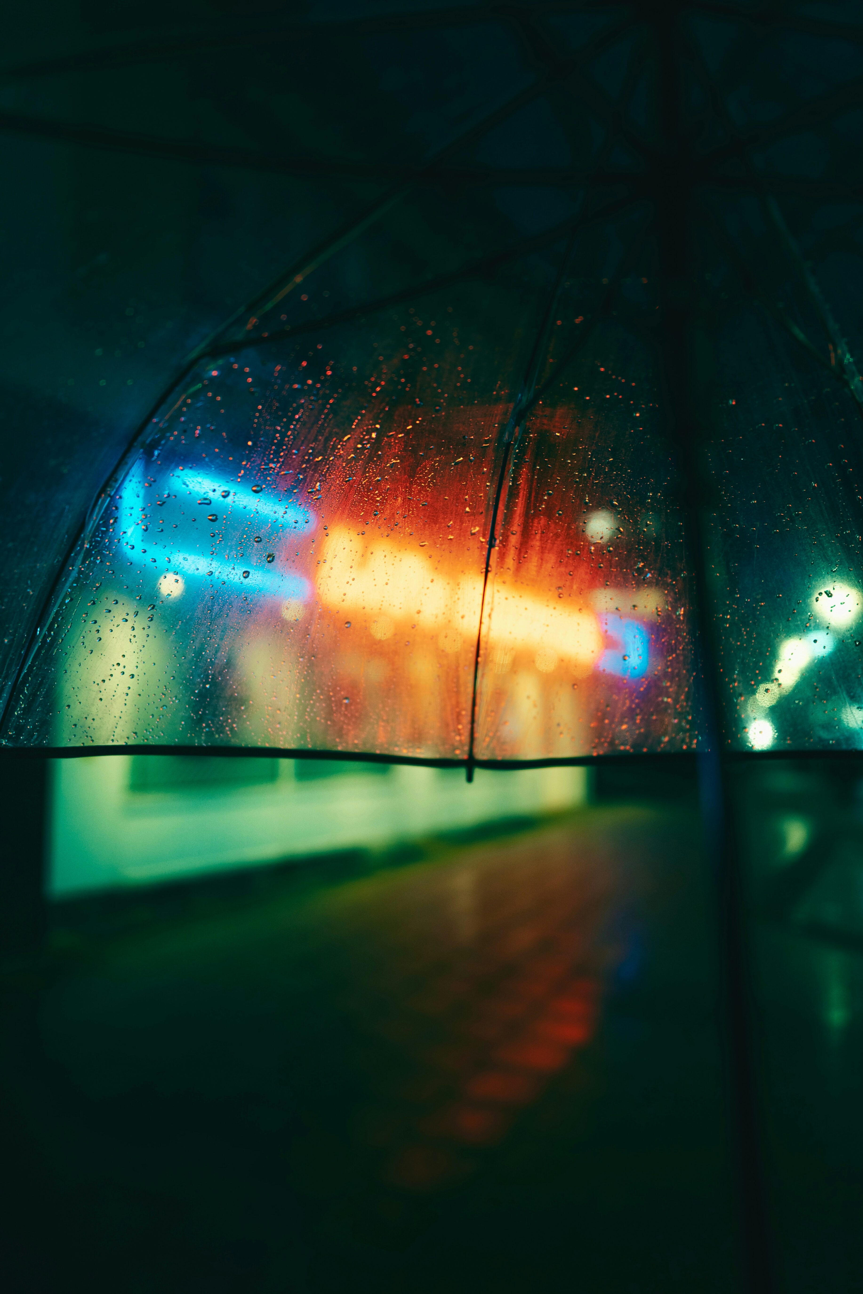 Neon city lights blurred through a rain-specked umbrella at night.