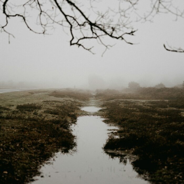 A yolk-yellow diversion sign on a wet lane beside a dry-stone wall.