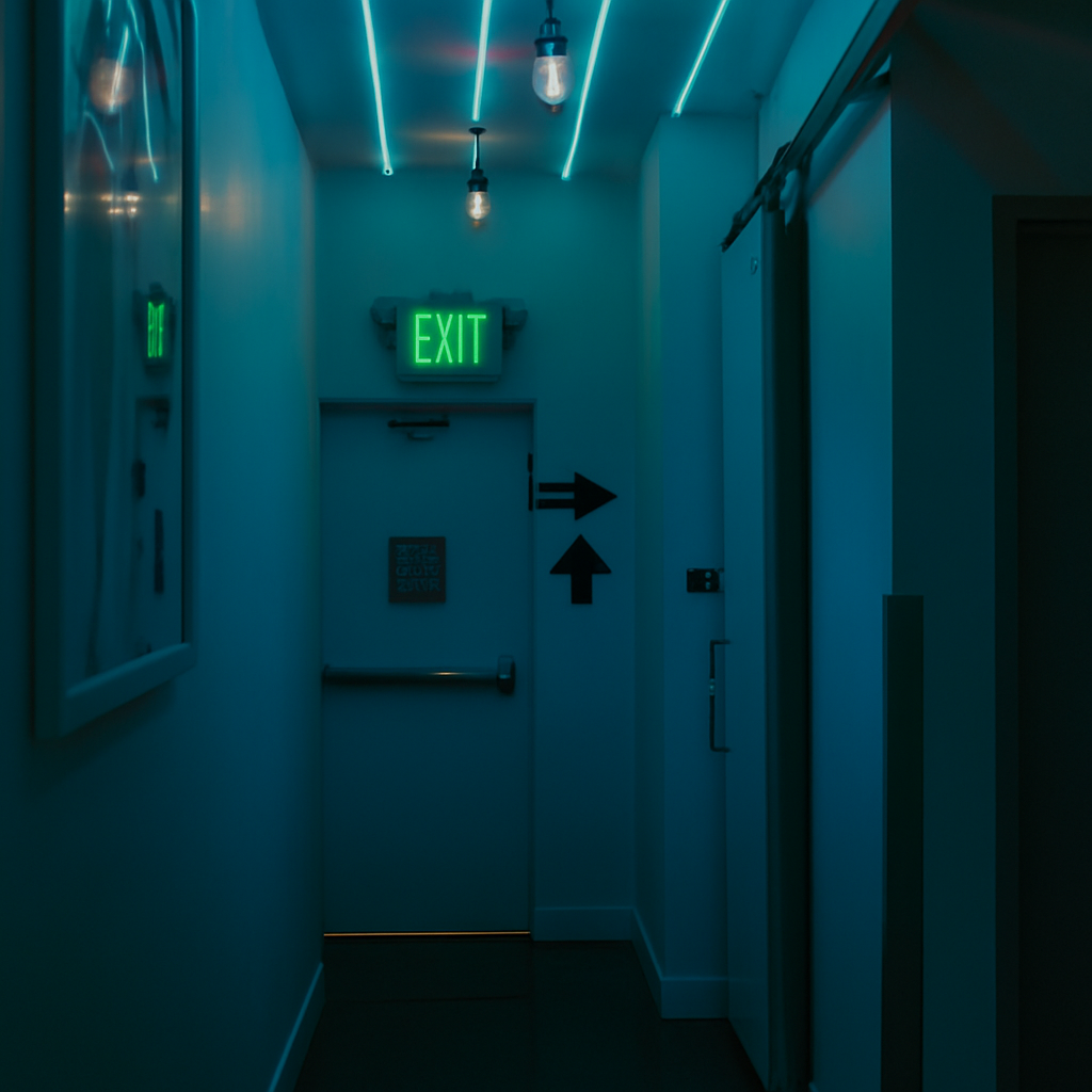 Cyan-lit office corridor with an EXIT sign at the end.