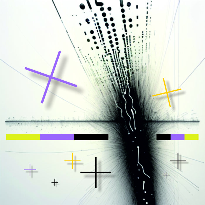 Abstract black vertical rupture splitting a white field, with geometric cross markers and bursts of light, suggesting collapse and transformation.