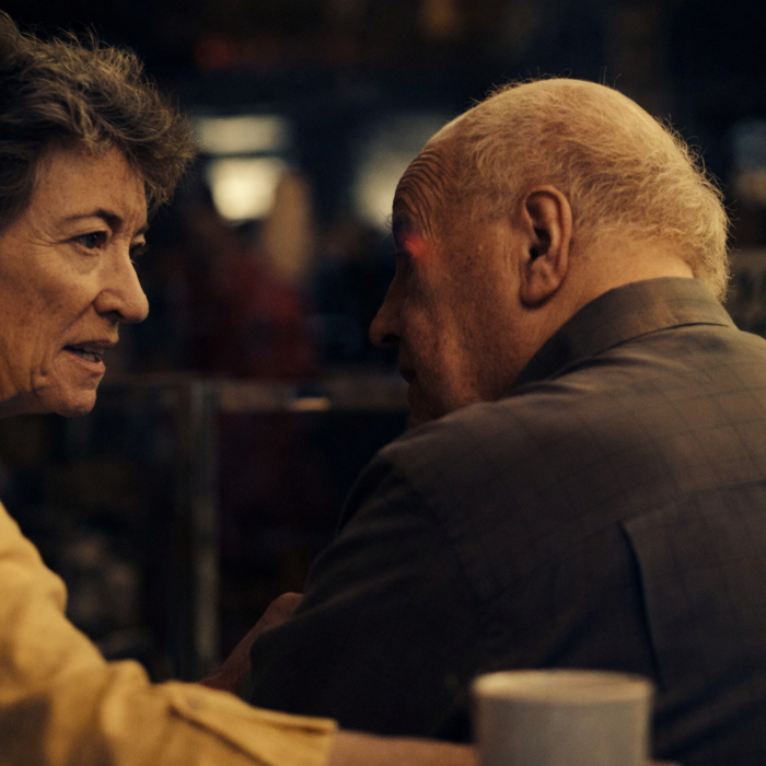 An older couple in a quiet room at dusk, sharing a subdued moment.