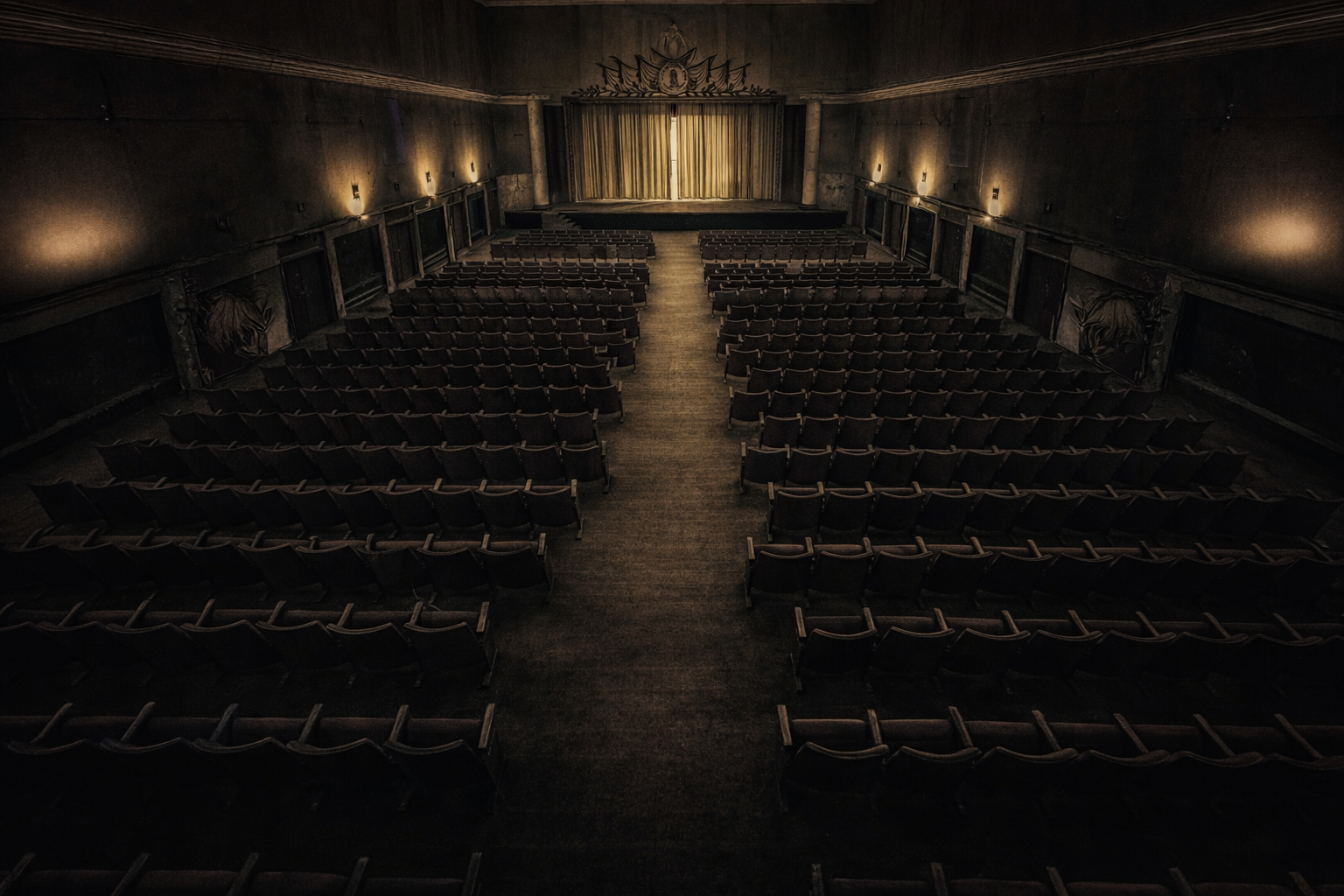 An empty theatre auditorium viewed from the back, with rows of seats leading to a lit stage.