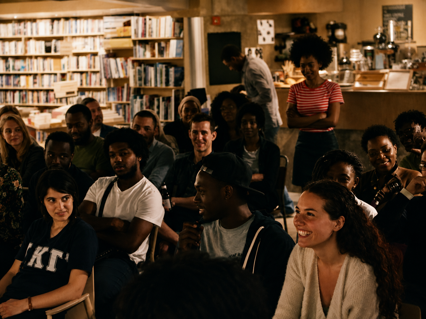 Audience listening and smiling at a Litro Live literary event in a bookshop.