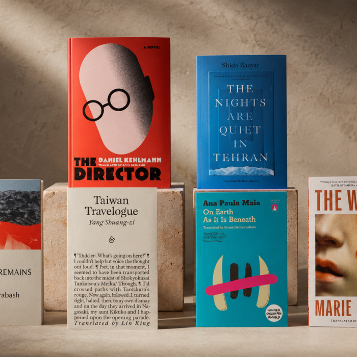 International Booker 2026 translated fiction books arranged in a Litro editorial still life.