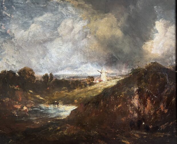 John Constable oil study of Hampstead Heath with storm clouds and rainbow light.
