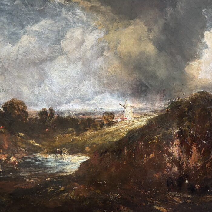 John Constable oil study of Hampstead Heath with storm clouds and rainbow light.