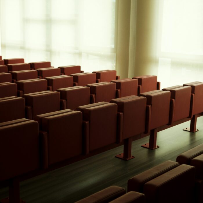 Empty auditorium seats in soft light, suggesting the social performance of literary events.