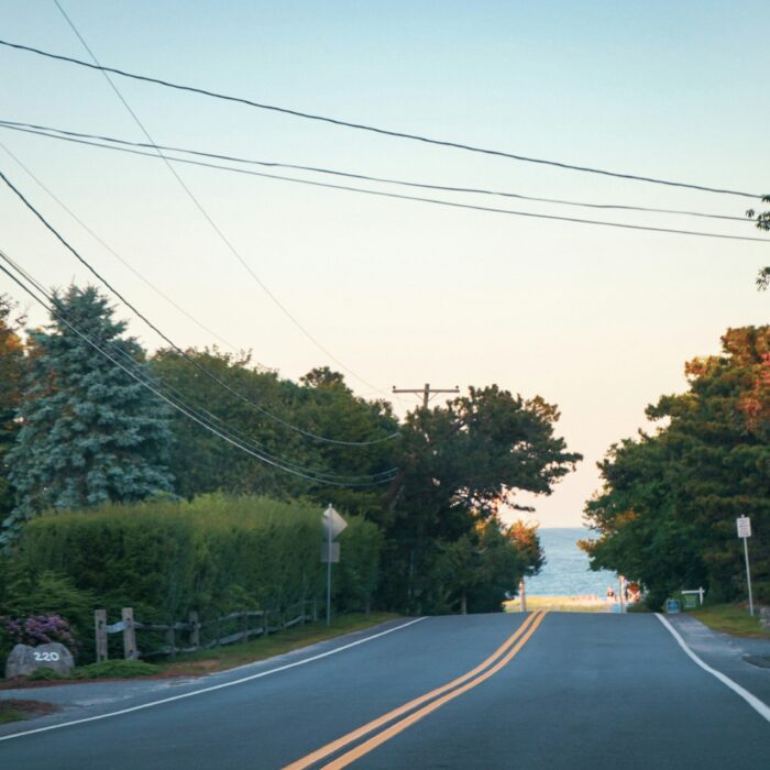 A quiet road running through trees in coastal Massachusetts.