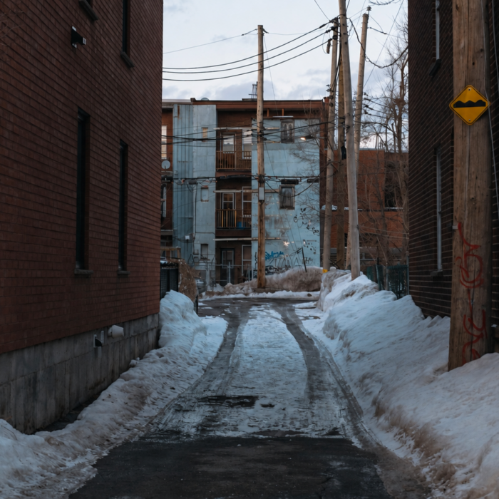 A narrow snow-lined alley runs between brick apartment buildings beneath utility wires.