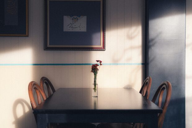 An empty dining table with wooden chairs and a small vase of flowers, lit by afternoon shadows.